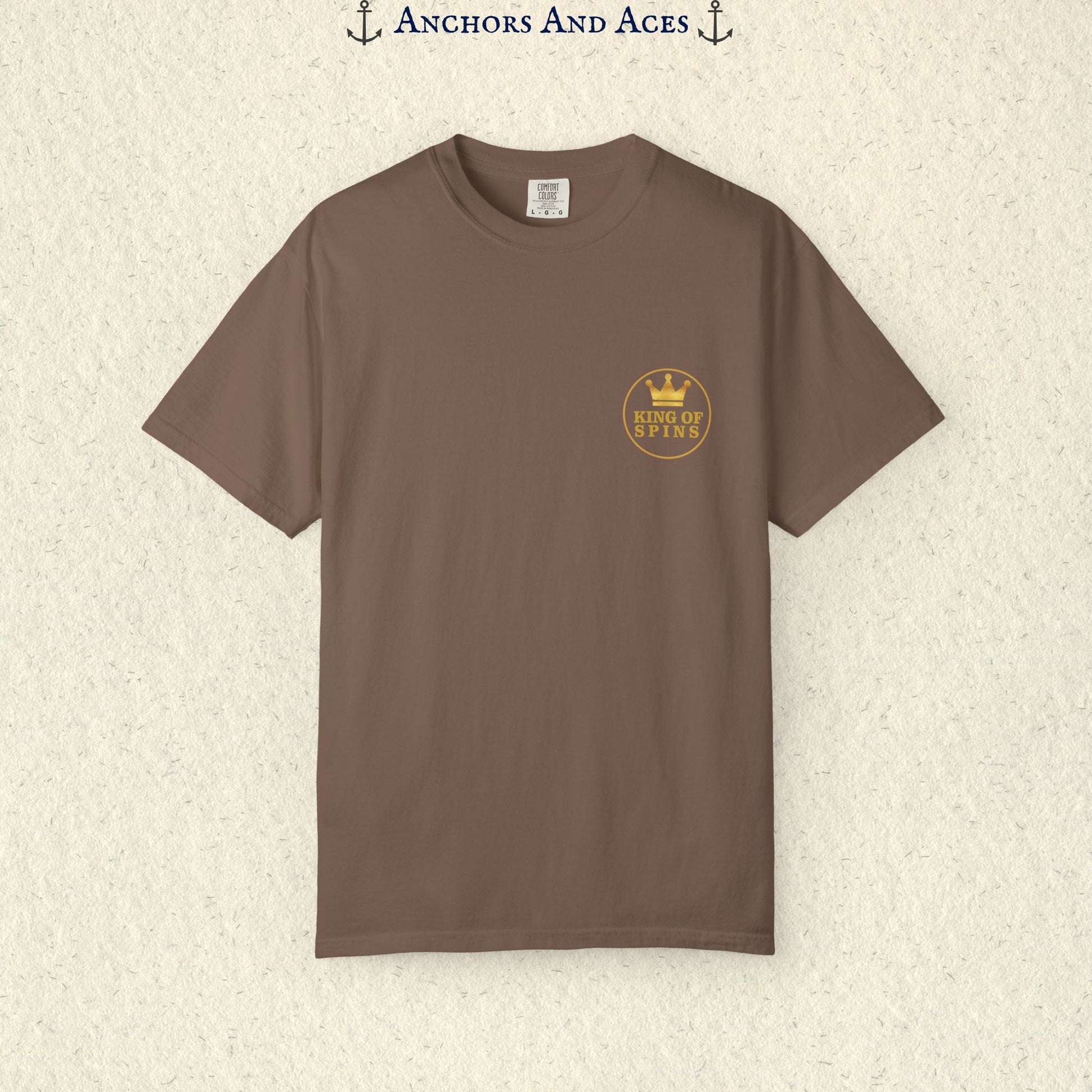 Espresso Slot King T-shirt with a small gold King of Spins emblem on the front chest.