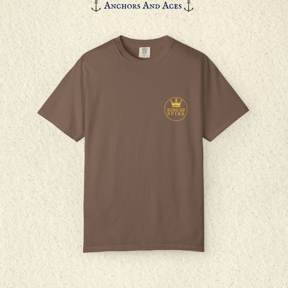 Espresso Slot King T-shirt with a small gold King of Spins emblem on the front chest.