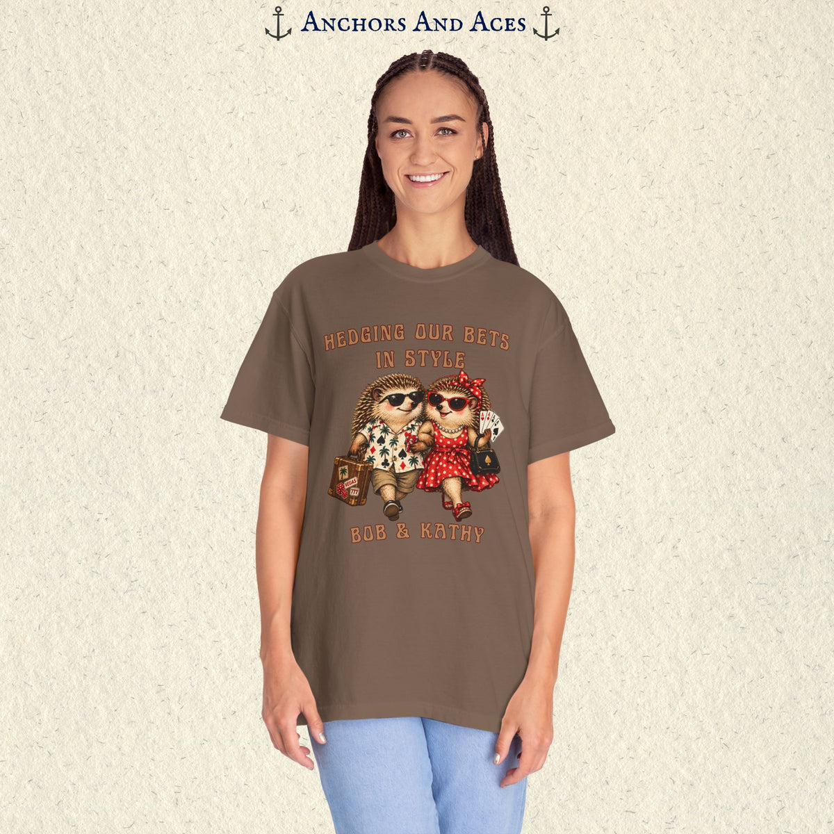 Front view of woman modeling custom casino couples shirt featuring arm-in-arm hedgehogs and personalized text.