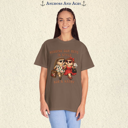 Front view of woman modeling custom casino couples shirt featuring arm-in-arm hedgehogs and personalized text.