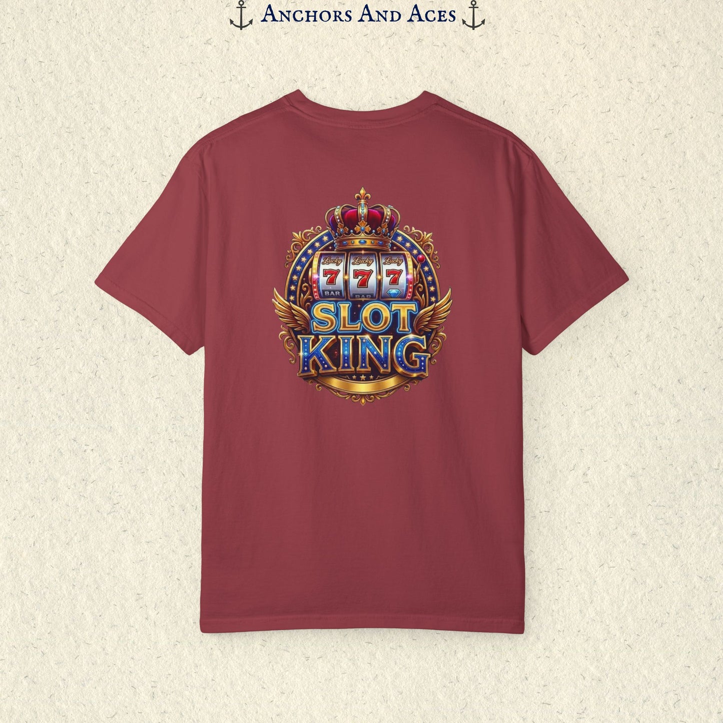 Chili Slot King T-shirt with a large crowned 777 slot machine design printed on the back.