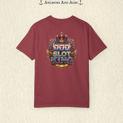 Chili Slot King T-shirt with a large crowned 777 slot machine design printed on the back.