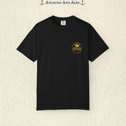 Black Slot King T-shirt with a small gold King of Spins emblem on the front chest.