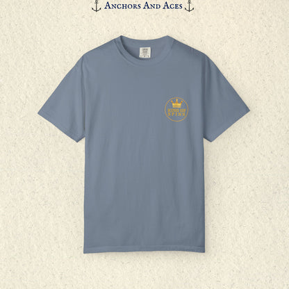 Blue Jean Slot King T-shirt with a small gold King of Spins emblem on the front chest.