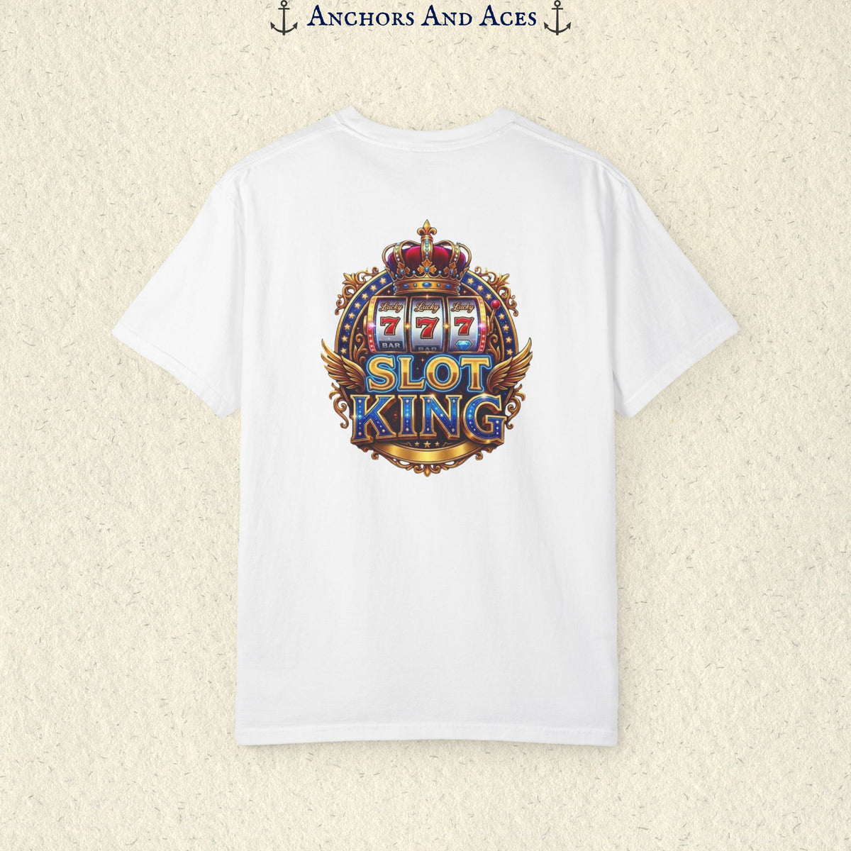 White Slot King T-shirt with a large crowned 777 slot machine design printed on the back.