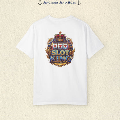 White Slot King T-shirt with a large crowned 777 slot machine design printed on the back.