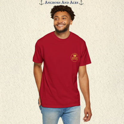 Man wearing a Red Slot King T-shirt with the small gold King of Spins emblem on the front.