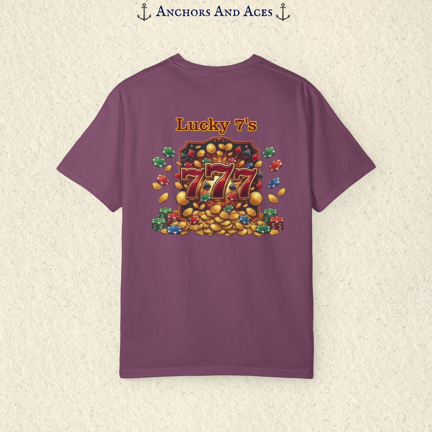 Berry Lucky 777s T-shirt with colorful vintage casino jackpot artwork and Lucky 7s design printed on the back.