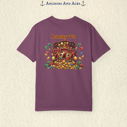 Berry Lucky 777s T-shirt with colorful vintage casino jackpot artwork and Lucky 7s design printed on the back.