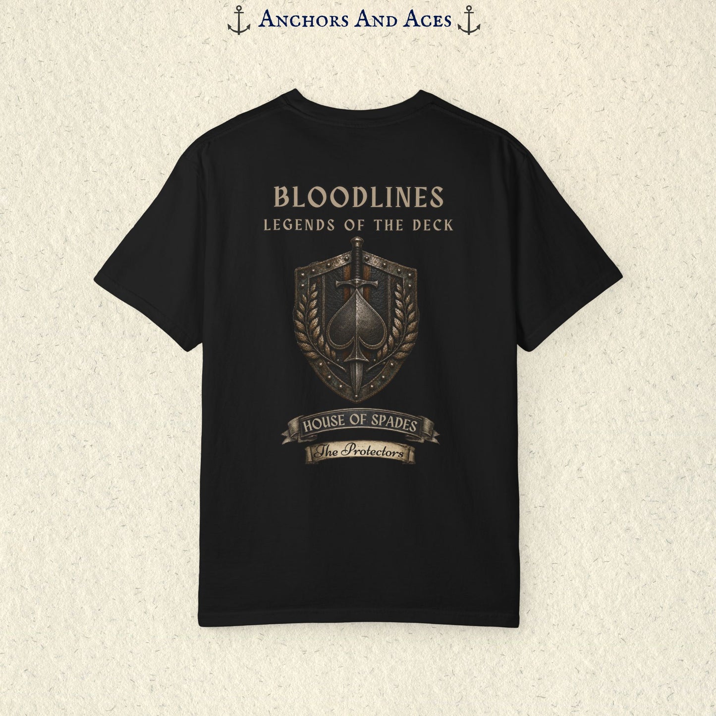Back view of House of Spades playing card shirt featuring the full medieval-inspired crest with shield, sword, spade, and banner.