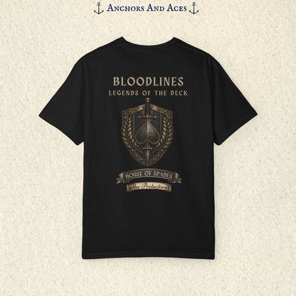Back view of House of Spades playing card shirt featuring the full medieval-inspired crest with shield, sword, spade, and banner.