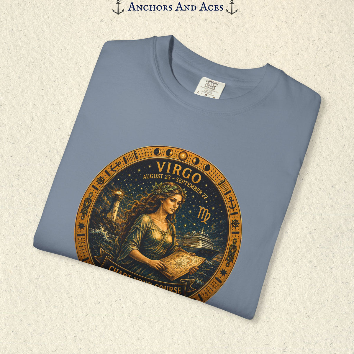 Folded Virgo Zodiac Shirt close-up showing the Virgo maiden celestial medallion front graphic.