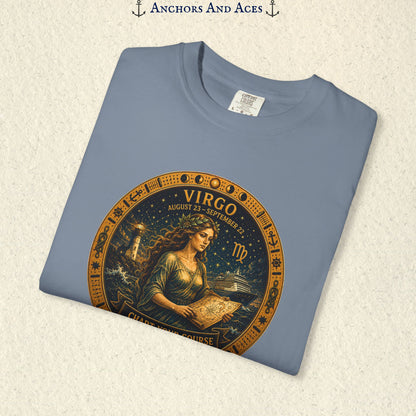 Folded Virgo Zodiac Shirt close-up showing the Virgo maiden celestial medallion front graphic.