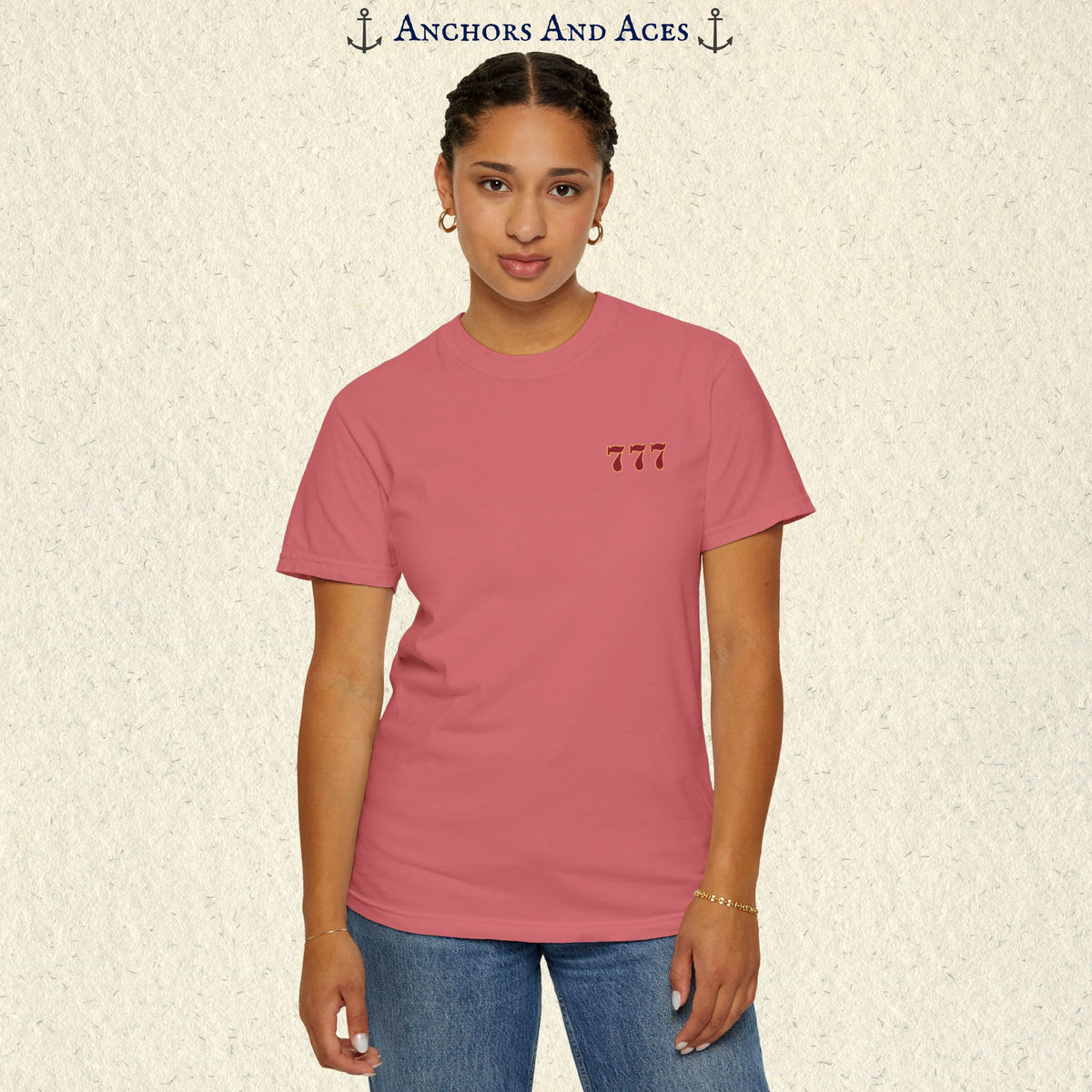 Model wearing a Watermelon Lucky 777s T-shirt with the small red 777 casino emblem on the front chest.
