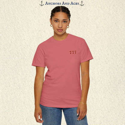 Model wearing a Watermelon Lucky 777s T-shirt with the small red 777 casino emblem on the front chest.