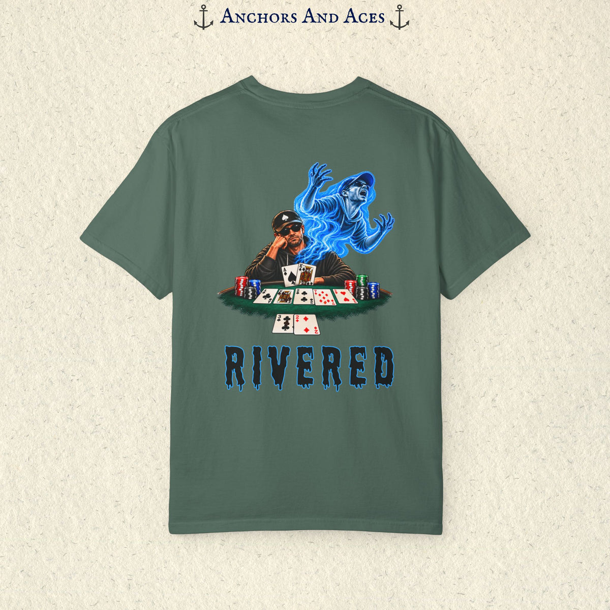 RIVERED Texas Hold'em poker graphic tee back view featuring a player at a poker table with playing cards, poker chips, and an electric blue soul rising from his body after a bad beat on the river.  Comfort Colors 1717