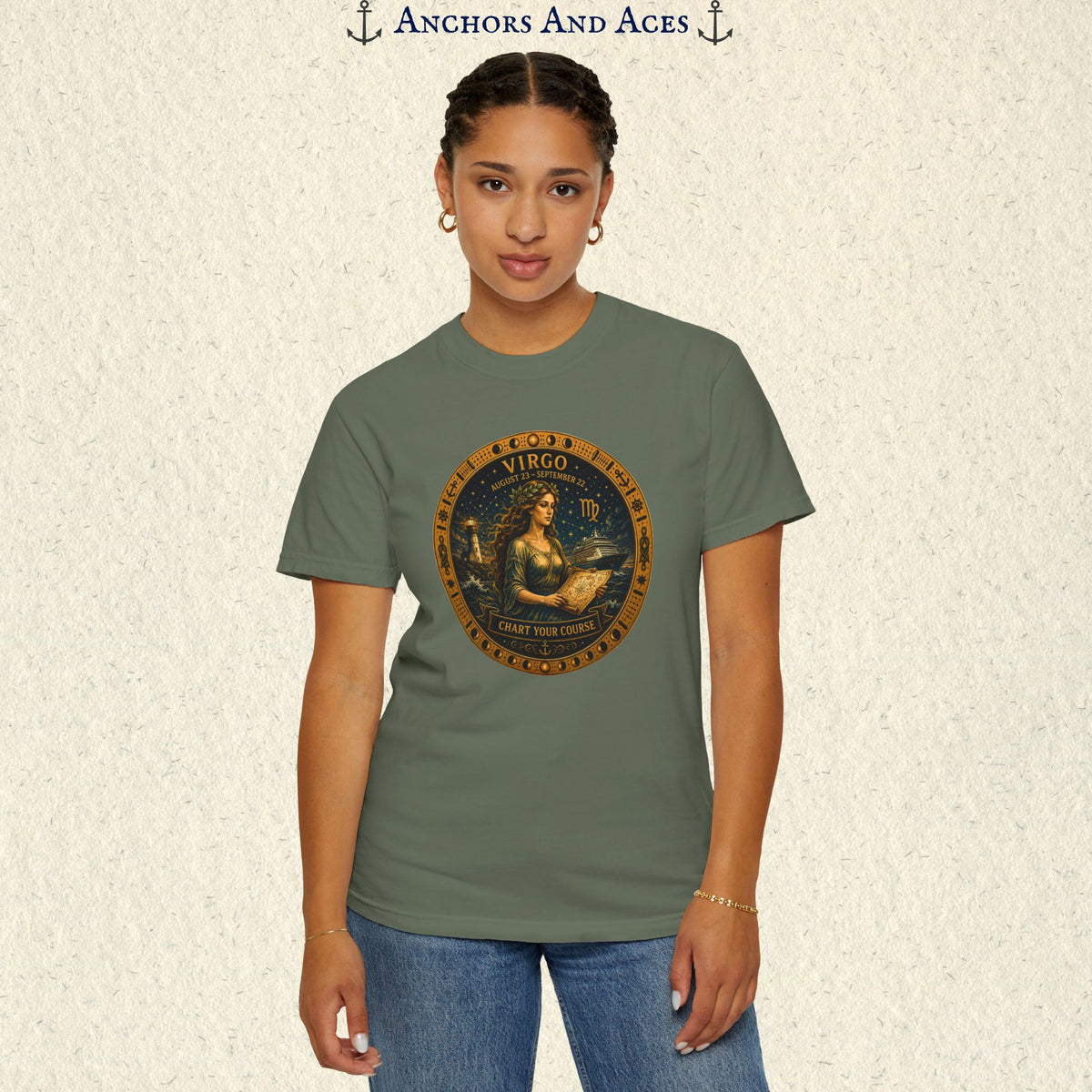 Female model wearing the Virgo Zodiac Shirt with the full-size Virgo maiden celestial medallion graphic on the front.