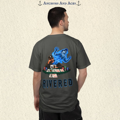 Model wearing RIVERED Texas Hold'em poker graphic tee back view featuring a player at a poker table with playing cards, poker chips, and an electric blue soul rising from his body after a bad beat on the river.  Comfort Colors 1717