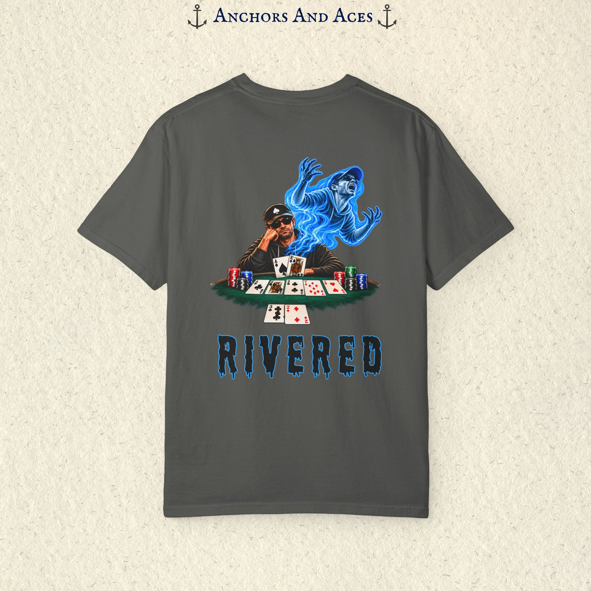 RIVERED Texas Hold'em poker graphic tee back view featuring a player at a poker table with playing cards, poker chips, and an electric blue soul rising from his body after a bad beat on the river.  Comfort Colors 1717