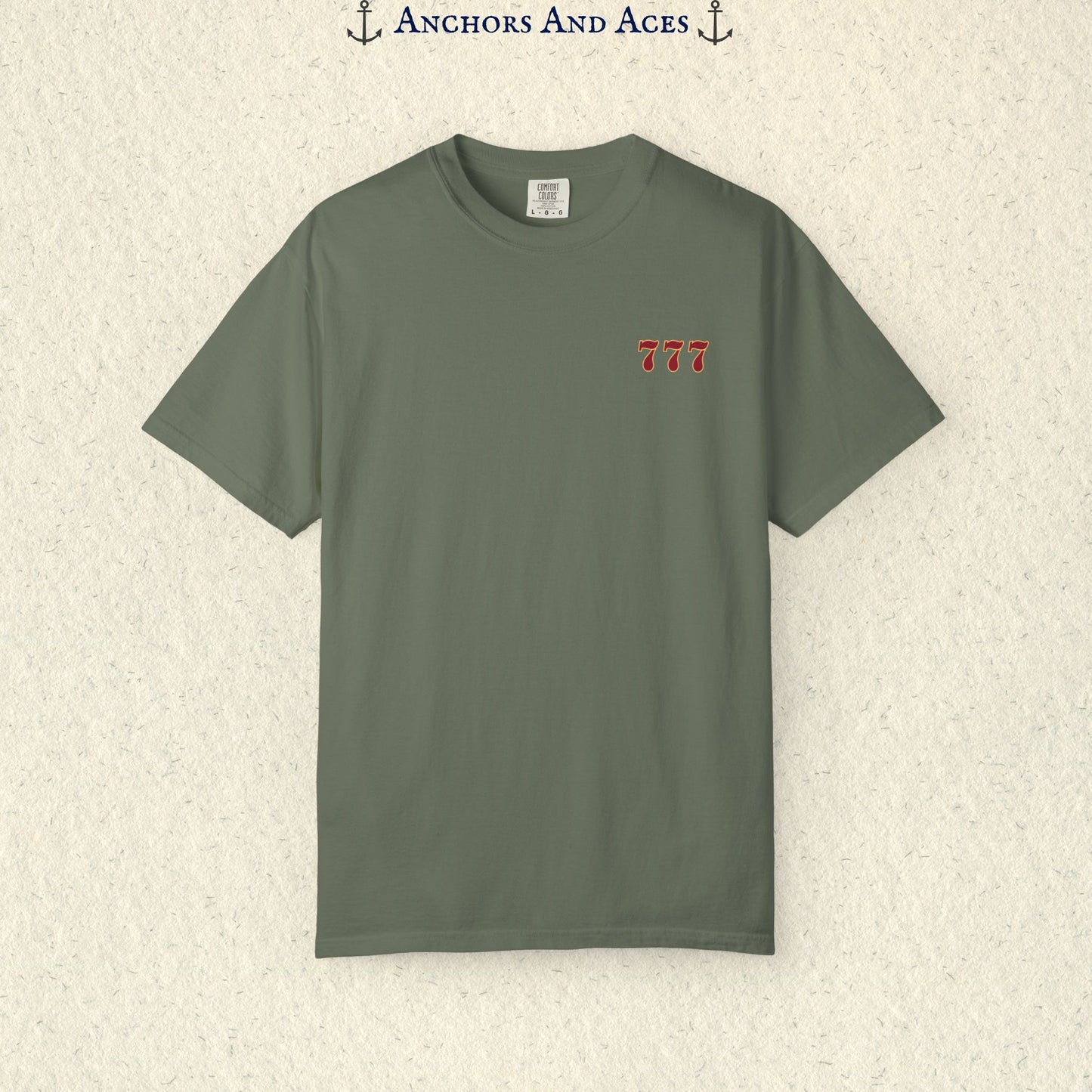 Moss Lucky 777s T-shirt showing the small red 777 casino emblem printed on the front chest.