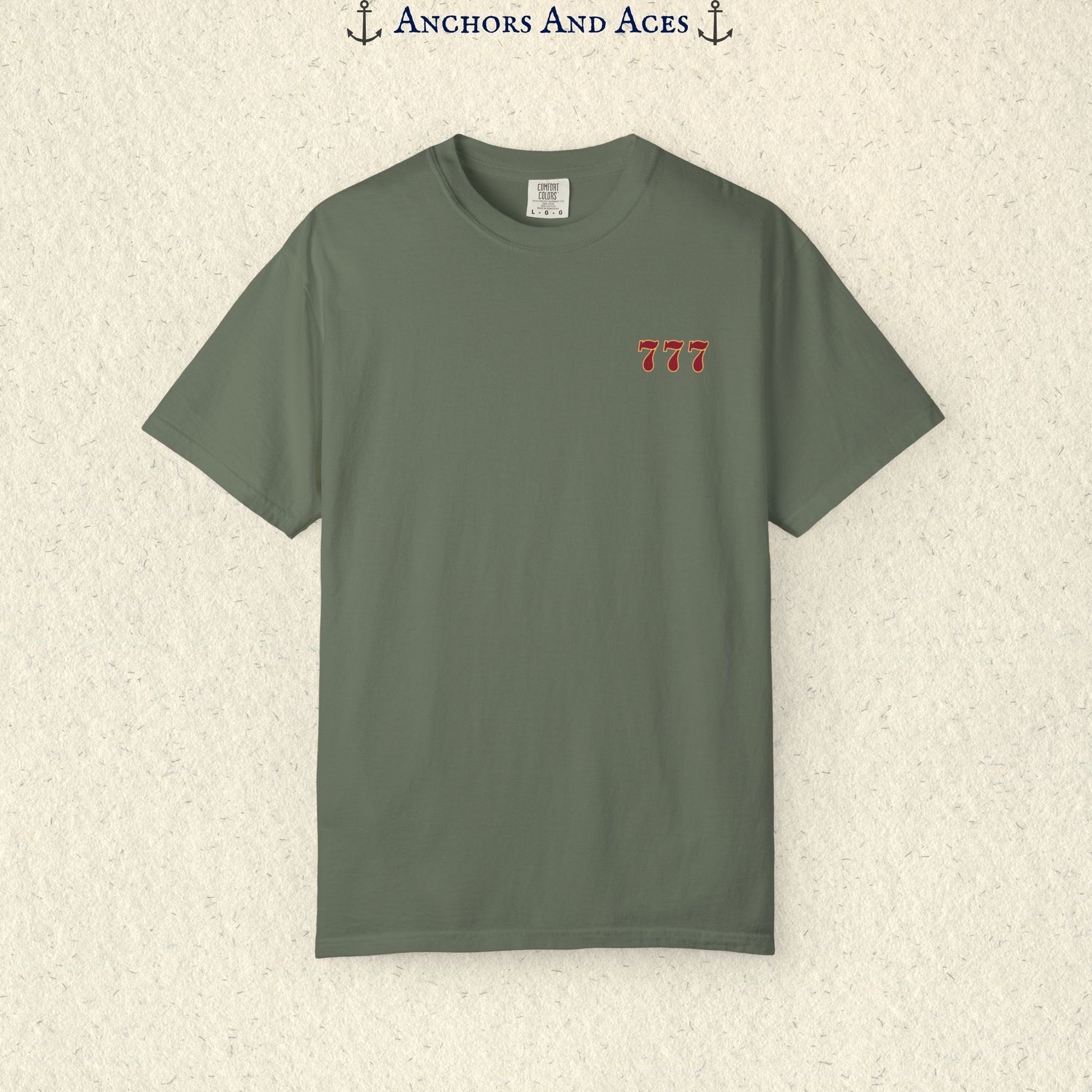 Moss Lucky 777s T-shirt showing the small red 777 casino emblem printed on the front chest.