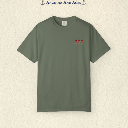 Moss Lucky 777s T-shirt showing the small red 777 casino emblem printed on the front chest.