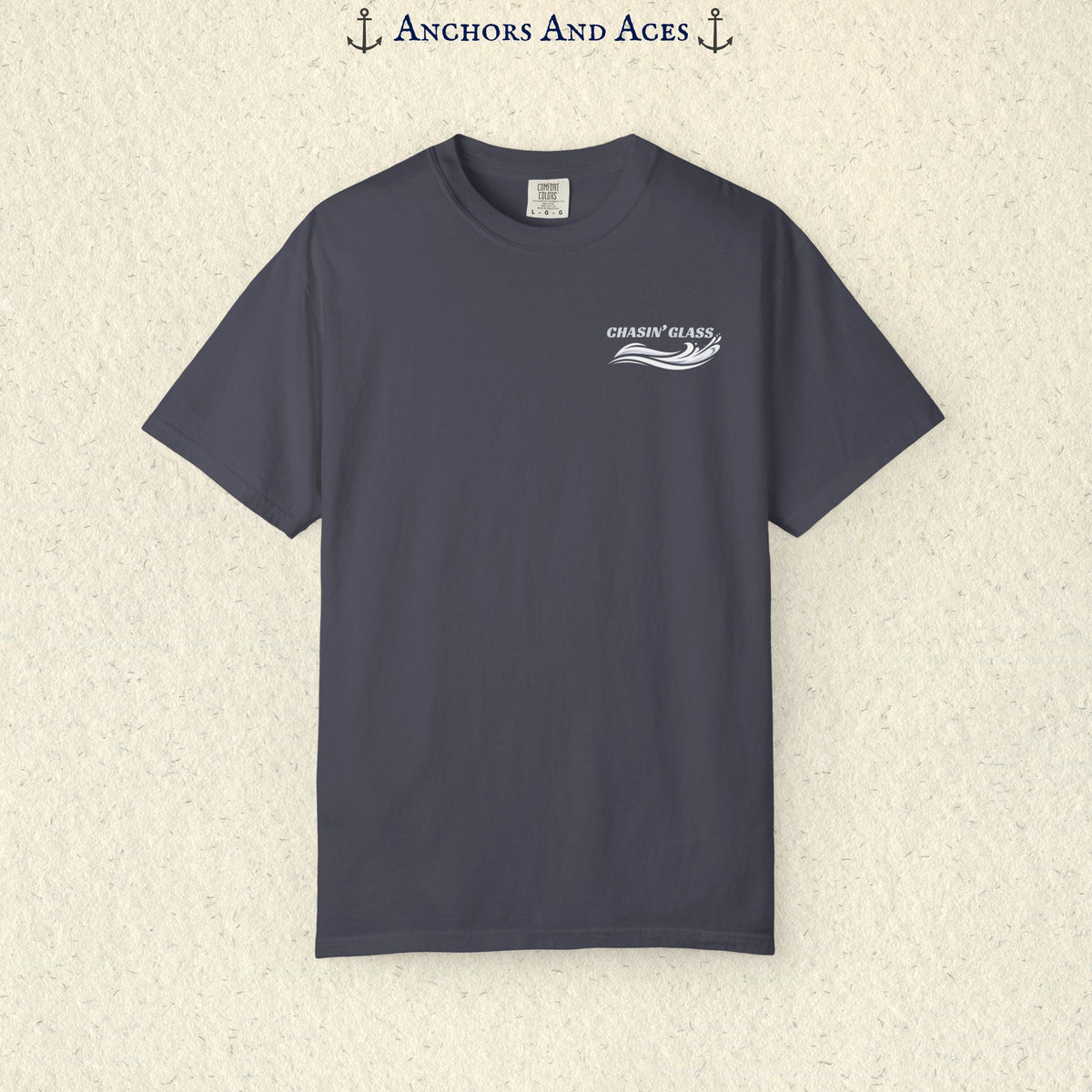 Navy Comfort Colors 1717 water ski shirt shown from the front with the small white Chasin' Glass water splash logo on the left chest.