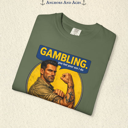 Folded Sage funny gambling T-shirt showing the retro strongman flexing beneath bold GAMBLING text.