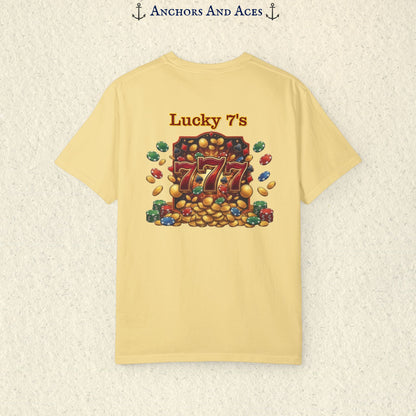 Butter Lucky 777s T-shirt with colorful vintage casino jackpot artwork and Lucky 7s design printed on the back.