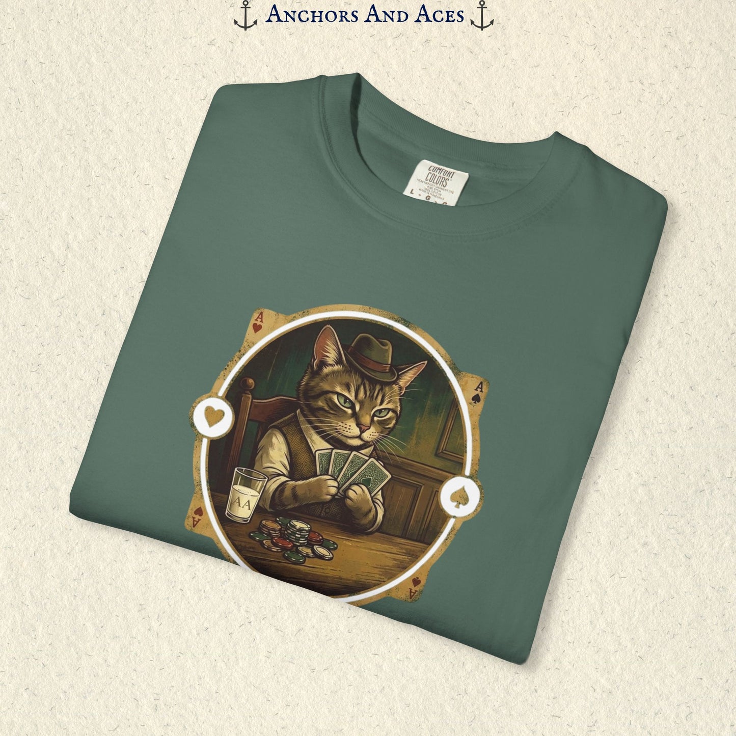 Folded vintage poker cat shirt showing the card-playing cat, poker chips, and retro casino artwork.