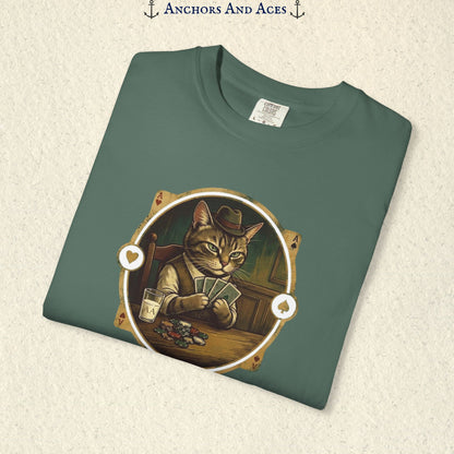 Folded vintage poker cat shirt showing the card-playing cat, poker chips, and retro casino artwork.
