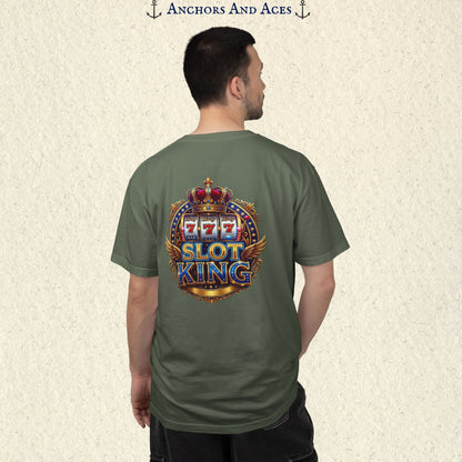 Man wearing a Moss Slot King T-shirt with the crowned 777 slot machine artwork on the back.