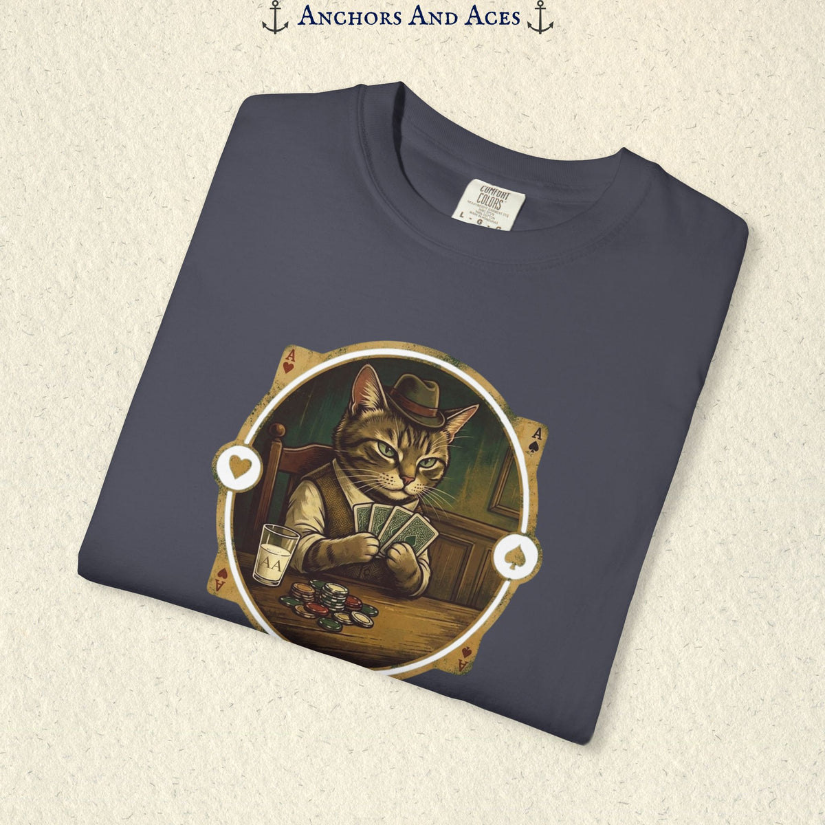 Folded Navy vintage poker cat shirt showing the card-playing cat and retro casino artwork.
