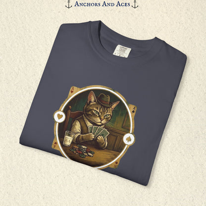 Folded Navy vintage poker cat shirt showing the card-playing cat and retro casino artwork.