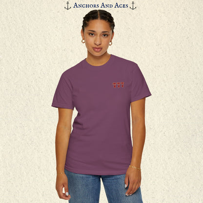 Model wearing a Berry Lucky 777s T-shirt with the small red 777 casino emblem on the front chest.