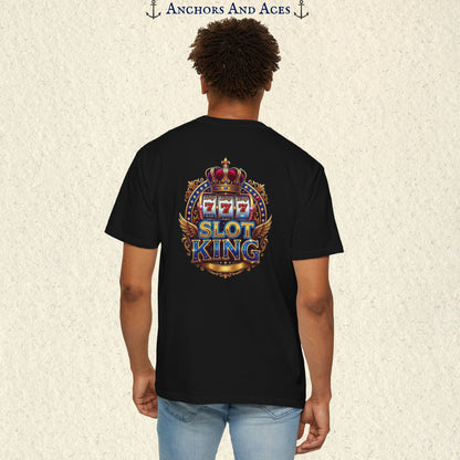 Man wearing a Black Slot King T-shirt with the crowned 777 slot machine artwork on the back.