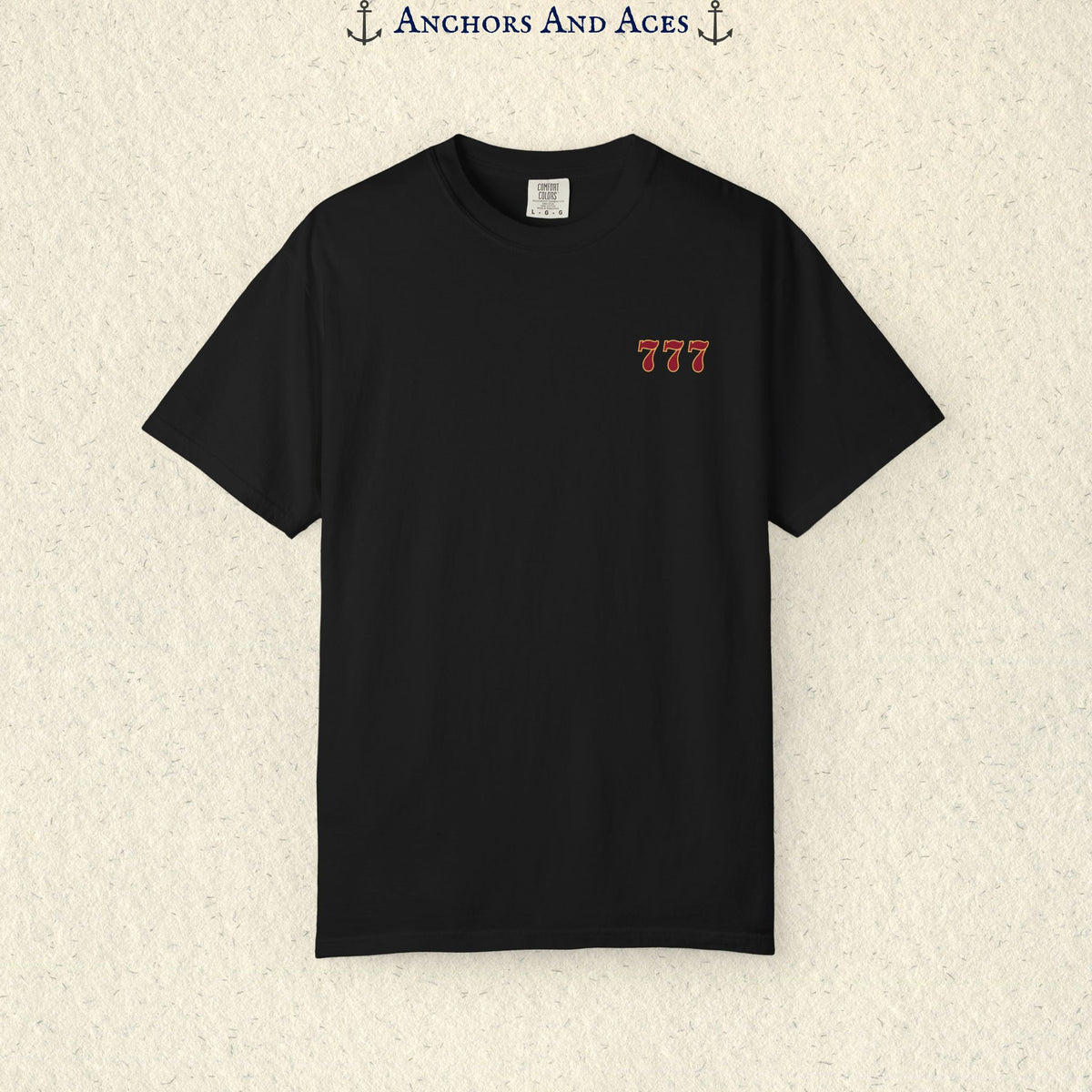 Black Lucky 777s T-shirt showing the small red 777 casino emblem printed on the front chest.