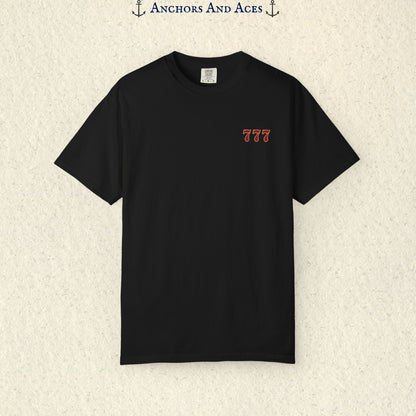 Black Lucky 777s T-shirt showing the small red 777 casino emblem printed on the front chest.