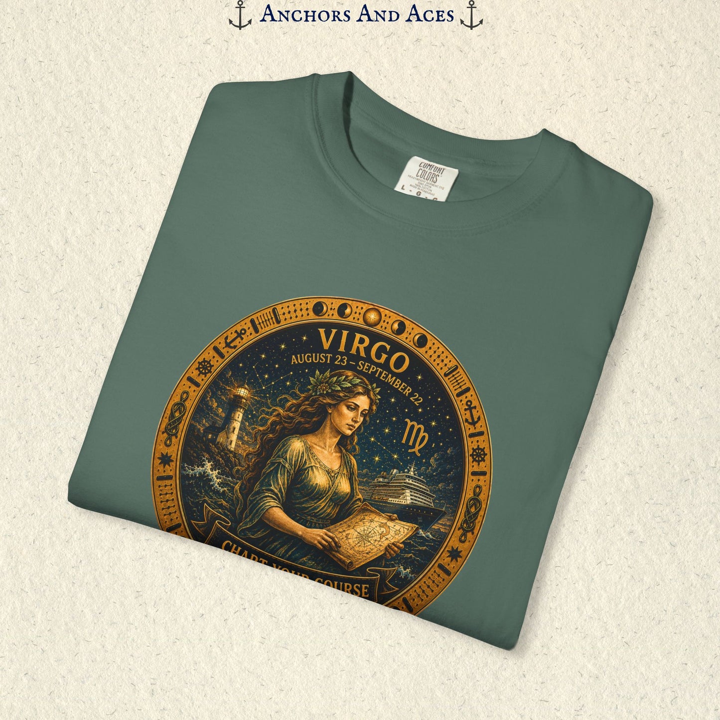 Folded Virgo Zodiac Shirt close-up showing the Virgo maiden celestial medallion front graphic.