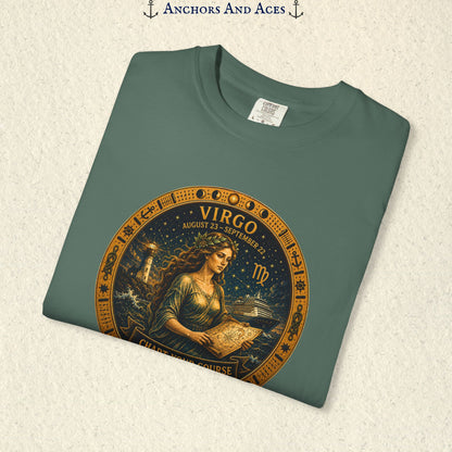 Folded Virgo Zodiac Shirt close-up showing the Virgo maiden celestial medallion front graphic.