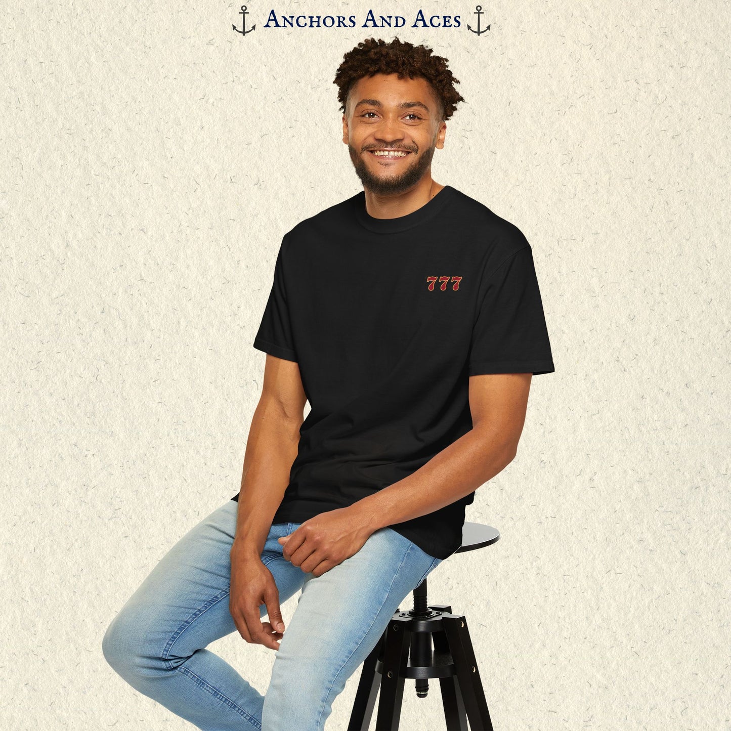 Model wearing a Black Lucky 777s T-shirt with the small red 777 casino emblem on the front chest.