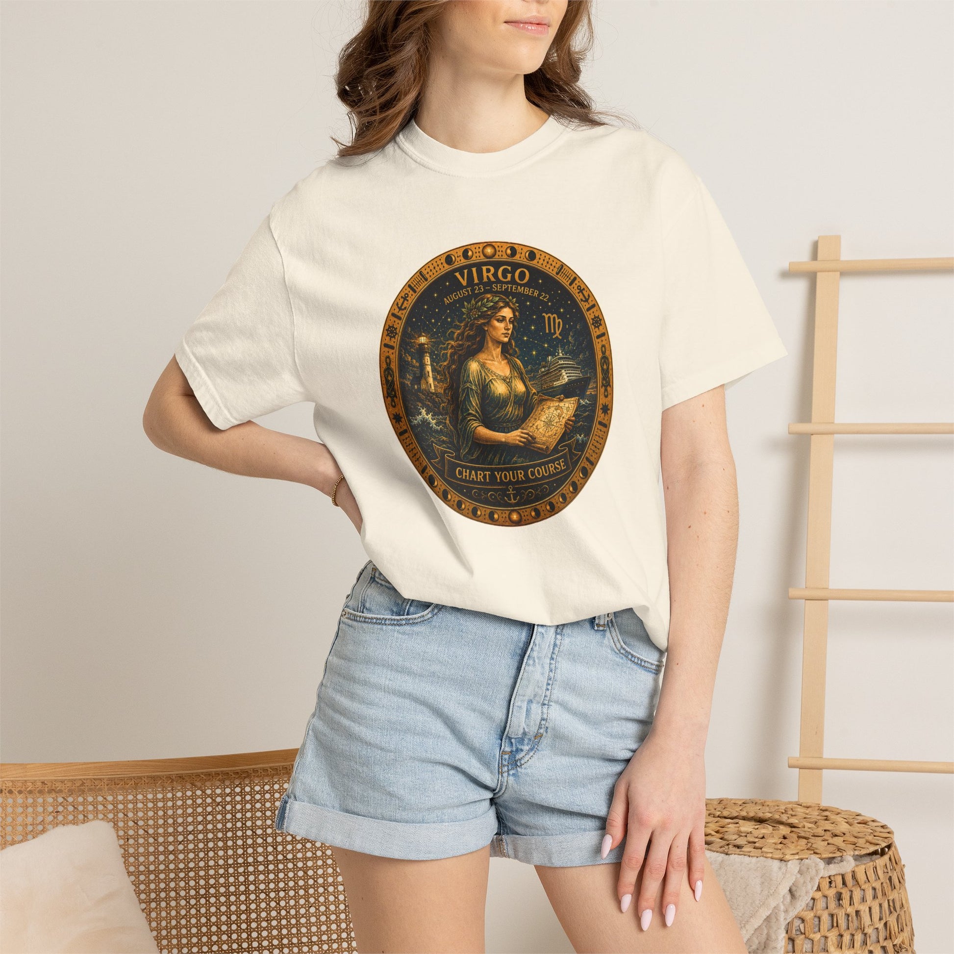 Female model wearing the Virgo Zodiac Shirt with the full-size Virgo maiden celestial medallion graphic on the front.