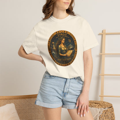 Female model wearing the Virgo Zodiac Shirt with the full-size Virgo maiden celestial medallion graphic on the front.
