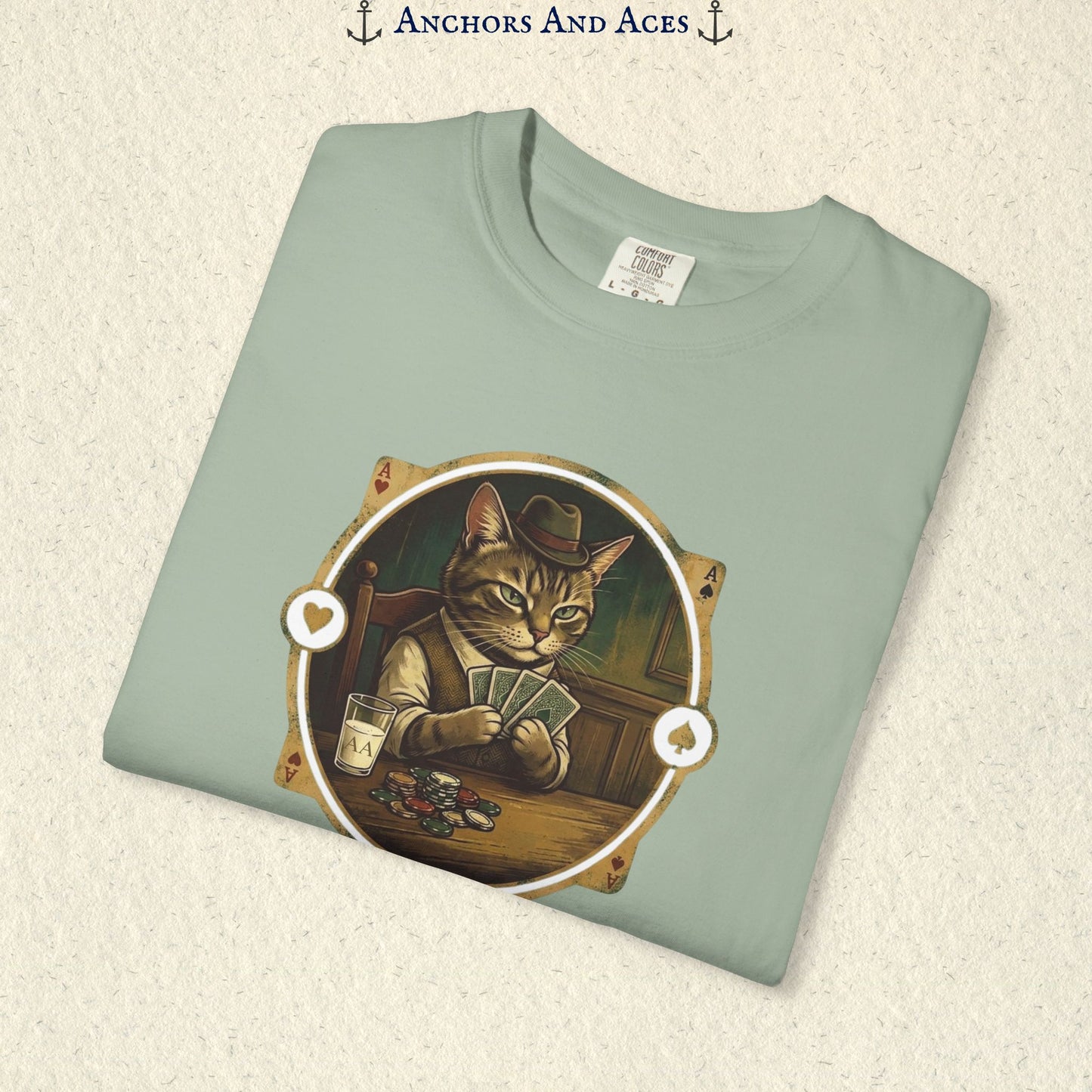 Folded Light Green vintage poker cat shirt showing the card-playing cat and retro casino artwork.