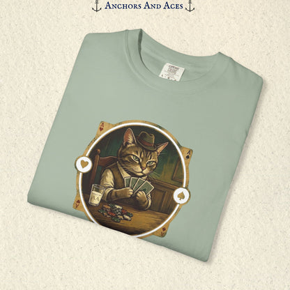 Folded Light Green vintage poker cat shirt showing the card-playing cat and retro casino artwork.