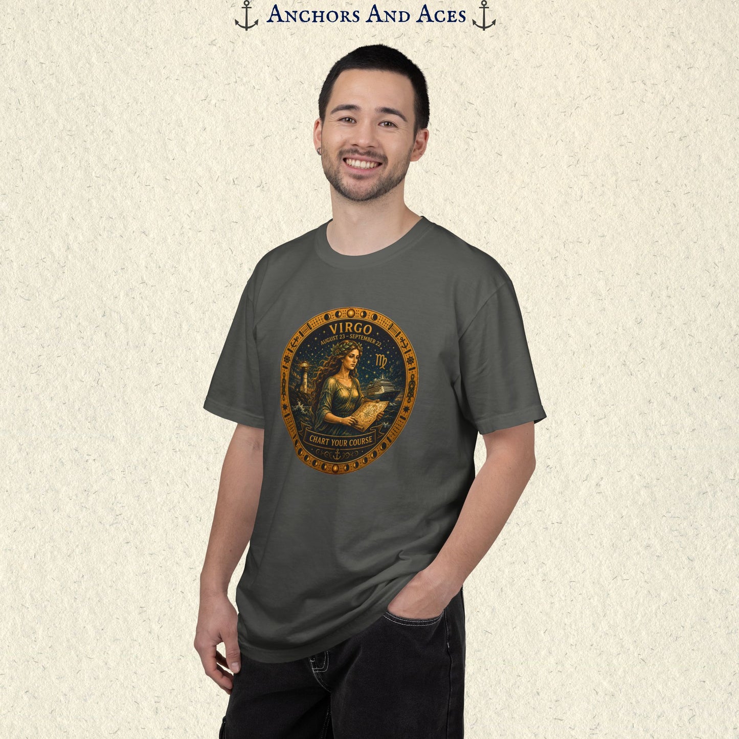 Male model wearing the Virgo Zodiac Shirt with the full-size Virgo maiden celestial medallion graphic on the front.