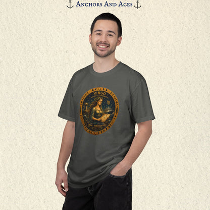Male model wearing the Virgo Zodiac Shirt with the full-size Virgo maiden celestial medallion graphic on the front.