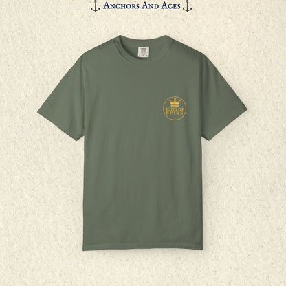 Moss Slot King T-shirt with a small gold King of Spins emblem on the front chest.