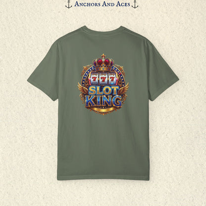 Moss Slot King T-shirt with a large crowned 777 slot machine design printed on the back.