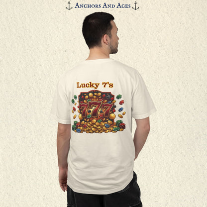 Model wearing a Ivory Lucky 777s T-shirt with colorful vintage casino jackpot artwork and Lucky 7s design on the back.